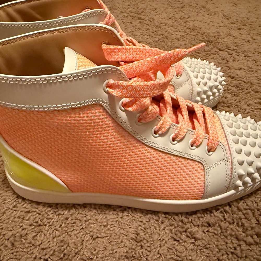 Christian Louboutin Coral and White Spiked Sneakers - Picture 3 of 3